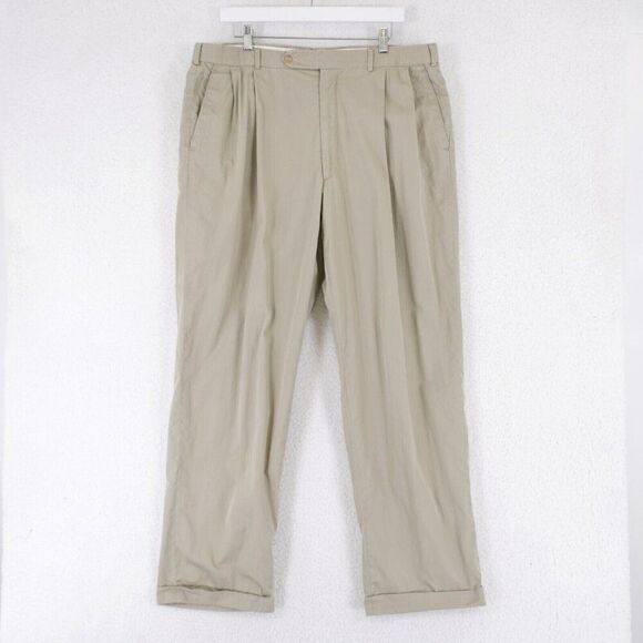 DAMAGED Brooks Brothers Cotton Beige Trousers Dress Pants 37/32 Pleated Cuffed M - Picture 1 of 9